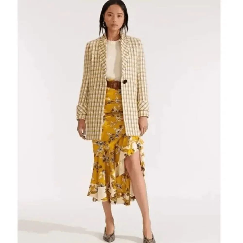 Veronica Beard Jin Dickey Blazer Yellow White Plaid Mid Length Coat Extra Small